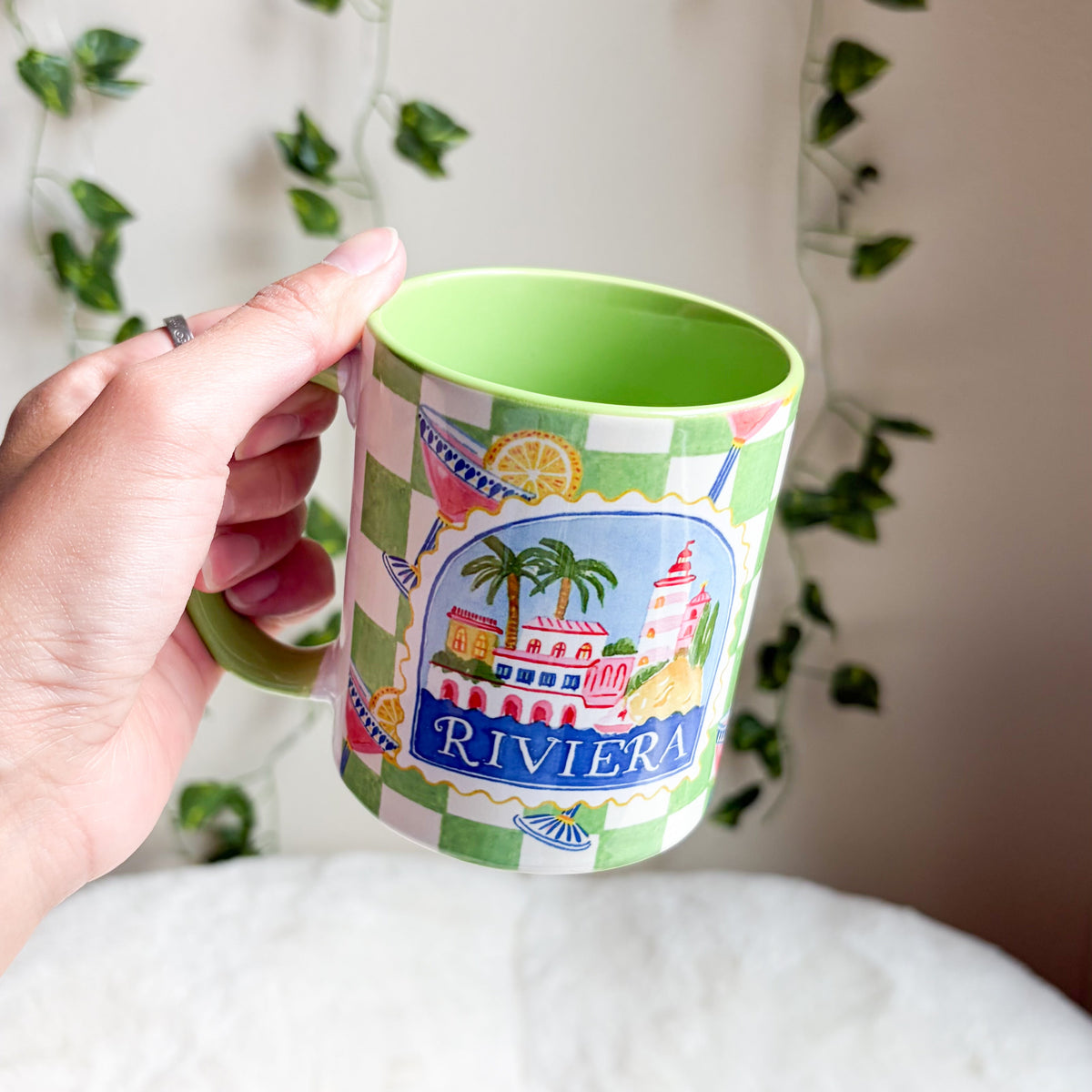 Riviera Green Checkered Ceramic Mug - The Bean Workshop - aesthetic mug, bookish gifts, bookish mug, ceramic mug, checkered mug, coastal grandmother, cocktail illustration, coffee mug, cottagecore, desk accessories, French Riviera, gifts for her, green handle mug, green mug, lighthouse, mug, palm tree, preppy, reader gifts, Riviera mug, tea mug
