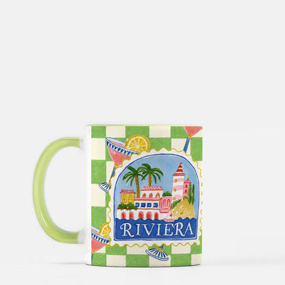 Riviera Green Checkered Ceramic Mug - The Bean Workshop - aesthetic mug, bookish gifts, bookish mug, ceramic mug, checkered mug, coastal grandmother, cocktail illustration, coffee mug, cottagecore, desk accessories, French Riviera, gifts for her, green handle mug, green mug, lighthouse, mug, palm tree, preppy, reader gifts, Riviera mug, tea mug