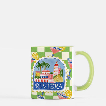 Riviera Green Checkered Ceramic Mug - The Bean Workshop - aesthetic mug, bookish gifts, bookish mug, ceramic mug, checkered mug, coastal grandmother, cocktail illustration, coffee mug, cottagecore, desk accessories, French Riviera, gifts for her, green handle mug, green mug, lighthouse, mug, palm tree, preppy, reader gifts, Riviera mug, tea mug