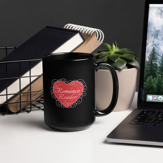 Romance Reader Black Glossy Mug - The Bean Workshop - Book Club, Bookaholic, Bookish Mug, Coquette Coffee Mug, Cute, Galentine's Day, Gift for Her, Heart Design, Romance Reader Mug, Romantic, Spicy Books, Tea Mug, Valentine's Day Gift for Bookworm