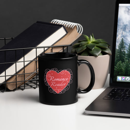 Romance Reader Black Glossy Mug - The Bean Workshop - Book Club, Bookaholic, Bookish Mug, Coquette Coffee Mug, Cute, Galentine's Day, Gift for Her, Heart Design, Romance Reader Mug, Romantic, Spicy Books, Tea Mug, Valentine's Day Gift for Bookworm
