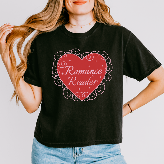 Romance Reader Heavyweight Boxy Tee - The Bean Workshop - Book Club, Bookish Apparel, Boxy Tee, Coquette Bookworm Shirt, Cute, Galentine's Day, Gift for Her, Graphic Tee, Heart Design, Romance Reader T-Shirt, Romantic, Spicy Books, Valentine's Day Tee for Book Lovers