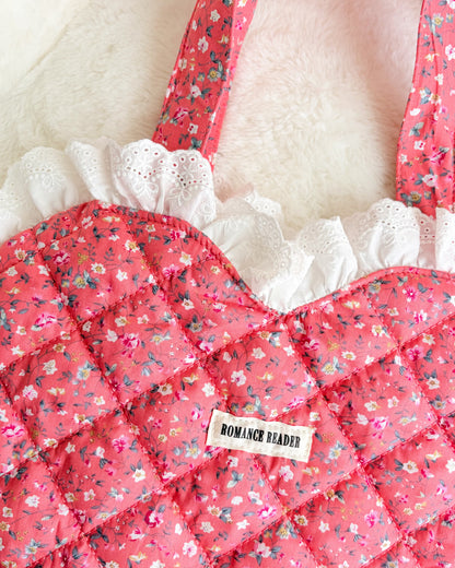 Romance Reader Red Quilted Heart Tote Bag with Ruffled Lace Trimming - The Bean Workshop - book girlie, book tote bag, coquette, decorative pillow, gift for book lovers, girlie, heart bag, heart tote, quilted tote, quilted tote bag, reading tote bag, romance reader, tote bag, valentines gift