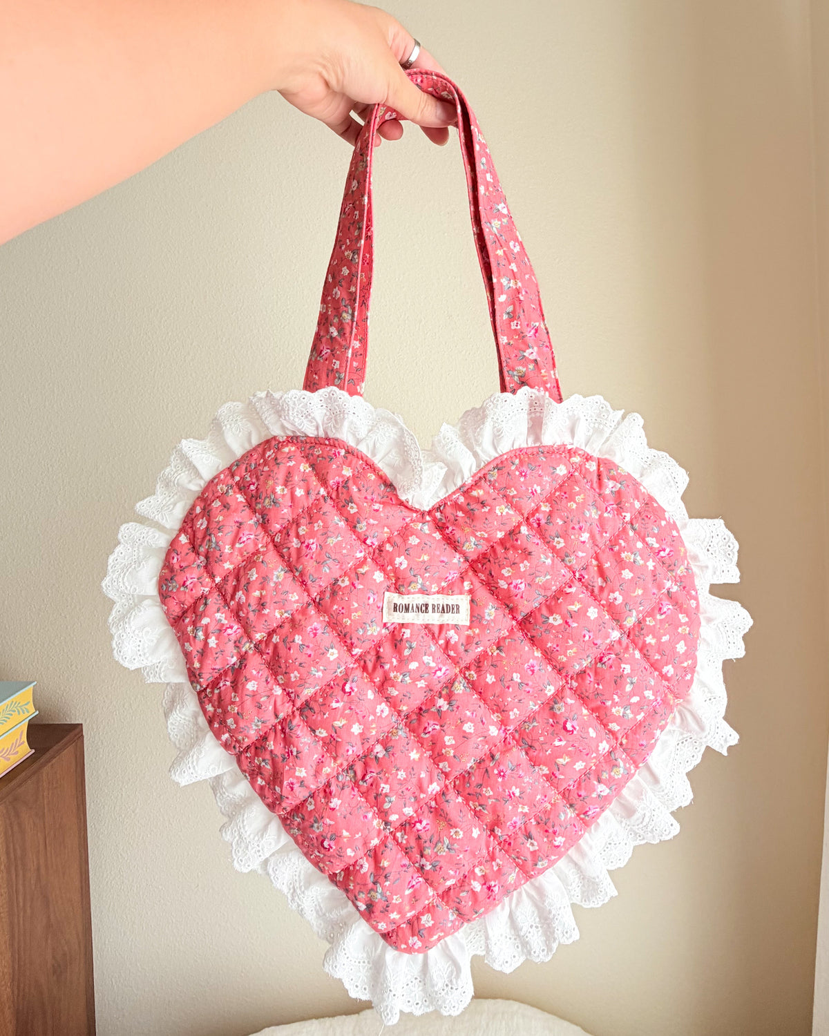Romance Reader Red Quilted Heart Tote Bag with Ruffled Lace Trimming - The Bean Workshop - book girlie, book tote bag, coquette, decorative pillow, gift for book lovers, girlie, heart bag, heart tote, quilted tote, quilted tote bag, reading tote bag, romance reader, tote bag, valentines gift