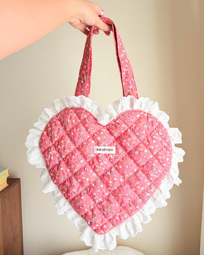 Romance Reader Red Quilted Heart Tote Bag with Ruffled Lace Trimming - The Bean Workshop - book girlie, book tote bag, coquette, decorative pillow, gift for book lovers, girlie, heart bag, heart tote, quilted tote, quilted tote bag, reading tote bag, romance reader, tote bag, valentines gift
