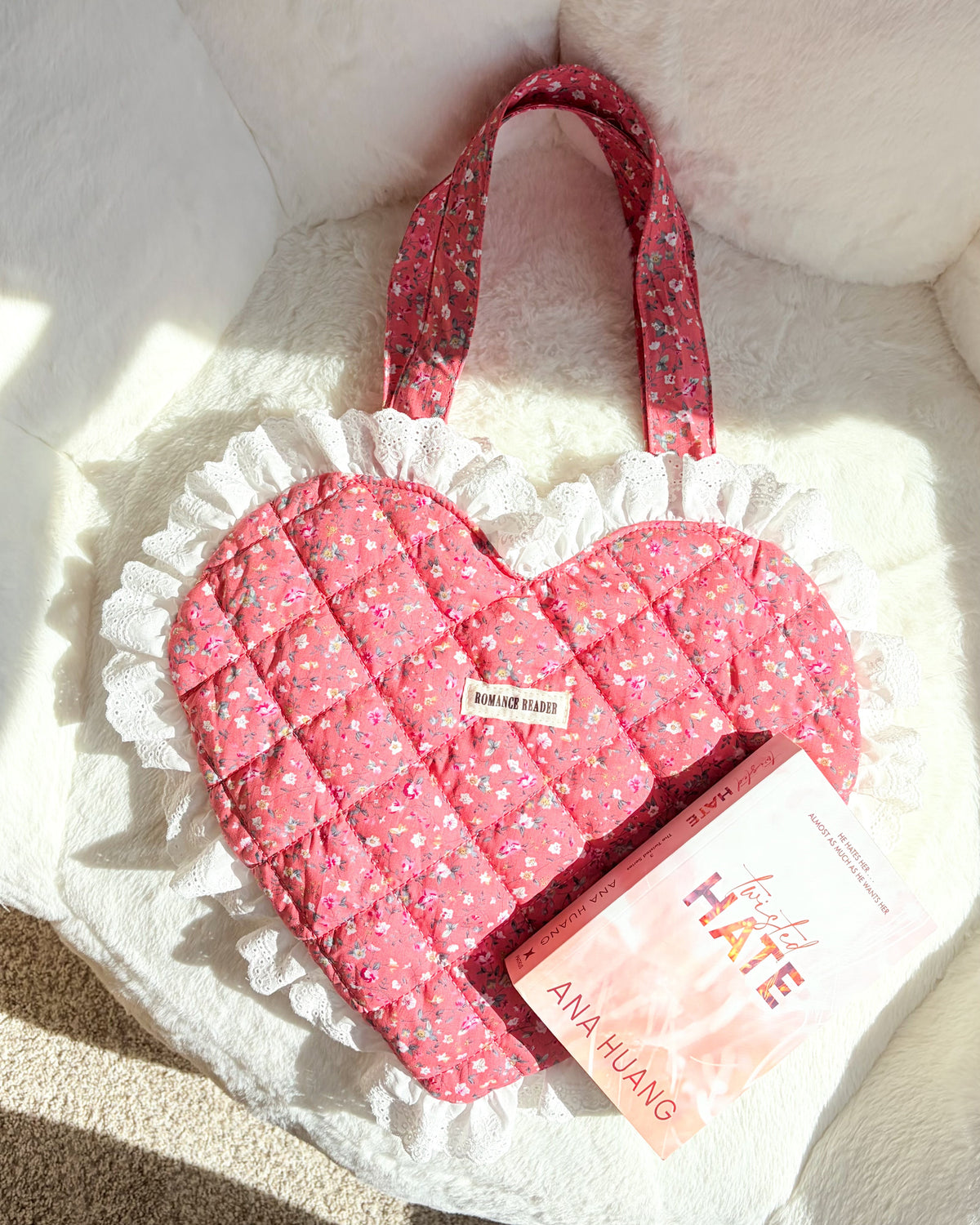 Romance Reader Red Quilted Heart Tote Bag with Ruffled Lace Trimming - The Bean Workshop - book girlie, book tote bag, coquette, decorative pillow, gift for book lovers, girlie, heart bag, heart tote, quilted tote, quilted tote bag, reading tote bag, romance reader, tote bag, valentines gift