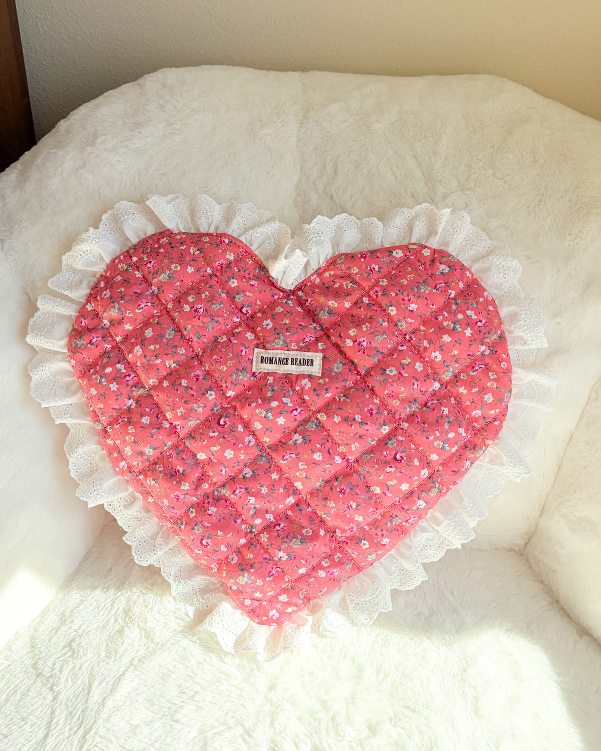 Romance Reader Red Quilted Heart Tote Bag with Ruffled Lace Trimming - The Bean Workshop - book girlie, book tote bag, coquette, decorative pillow, gift for book lovers, girlie, heart bag, heart tote, quilted tote, quilted tote bag, reading tote bag, romance reader, tote bag, valentines gift