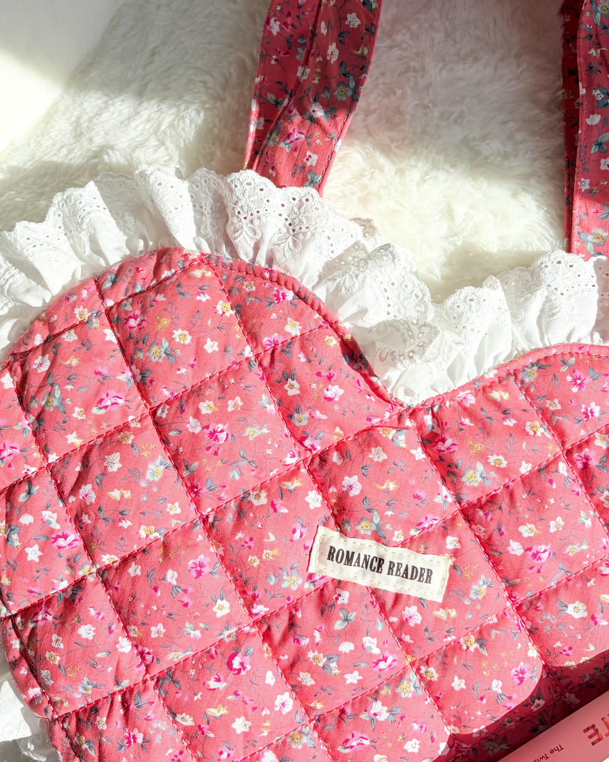 Romance Reader Red Quilted Heart Tote Bag with Ruffled Lace Trimming - The Bean Workshop - book girlie, book tote bag, coquette, decorative pillow, gift for book lovers, girlie, heart bag, heart tote, quilted tote, quilted tote bag, reading tote bag, romance reader, tote bag, valentines gift