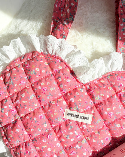 Romance Reader Red Quilted Heart Tote Bag with Ruffled Lace Trimming - The Bean Workshop - book girlie, book tote bag, coquette, decorative pillow, gift for book lovers, girlie, heart bag, heart tote, quilted tote, quilted tote bag, reading tote bag, romance reader, tote bag, valentines gift