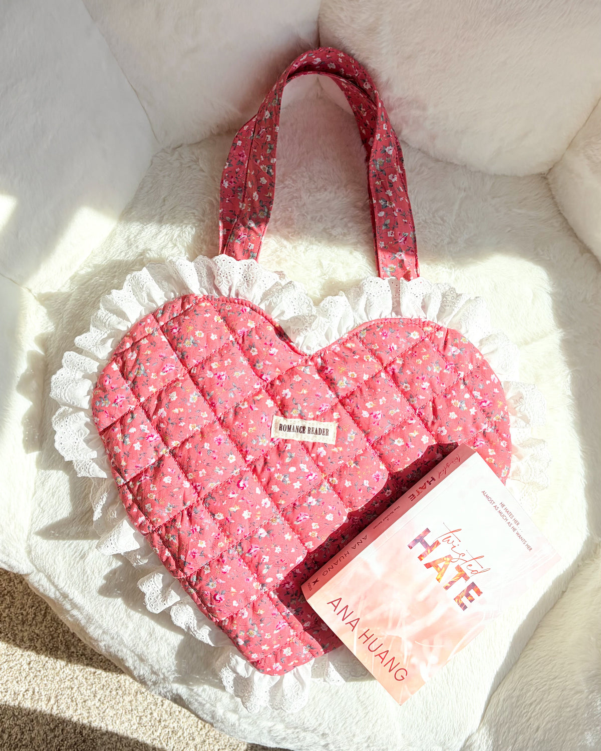 Romance Reader Red Quilted Heart Tote Bag with Ruffled Lace Trimming - The Bean Workshop - book girlie, book tote bag, coquette, decorative pillow, gift for book lovers, girlie, heart bag, heart tote, quilted tote, quilted tote bag, reading tote bag, romance reader, tote bag, valentines gift