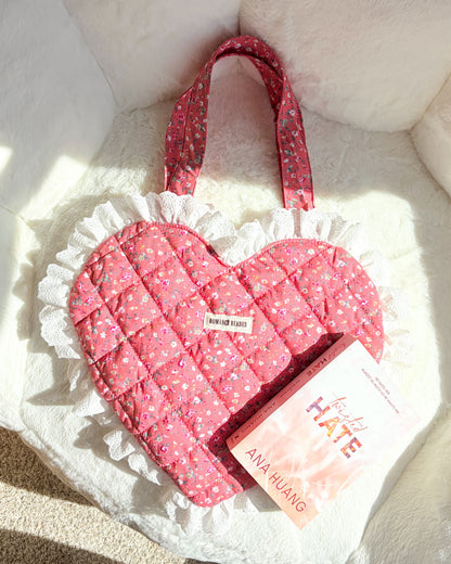 Romance Reader Red Quilted Heart Tote Bag with Ruffled Lace Trimming - The Bean Workshop - book girlie, book tote bag, coquette, decorative pillow, gift for book lovers, girlie, heart bag, heart tote, quilted tote, quilted tote bag, reading tote bag, romance reader, tote bag, valentines gift