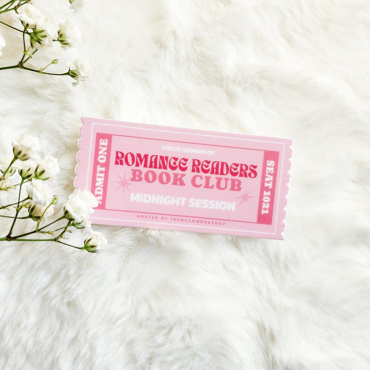 Romance Readers Book Club Ticket Sticker - The Bean Workshop - book club gift, book lover gift, book trope, Bookish Accessories, Bookish Gift, bookish sticker, die cut sticker, kindle sticker, midnight session, pink sticker, reading sticker, romance reader, Romance Readers Book Club, sticker