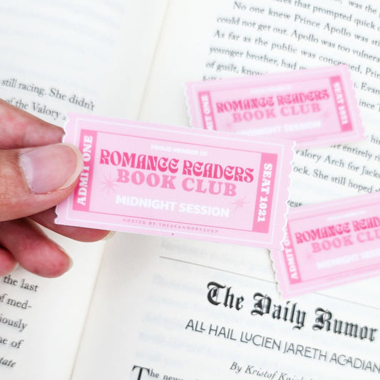 Romance Readers Book Club Ticket Sticker - The Bean Workshop - book club gift, book lover gift, book trope, Bookish Accessories, Bookish Gift, bookish sticker, die cut sticker, kindle sticker, midnight session, pink sticker, reading sticker, romance reader, Romance Readers Book Club, sticker