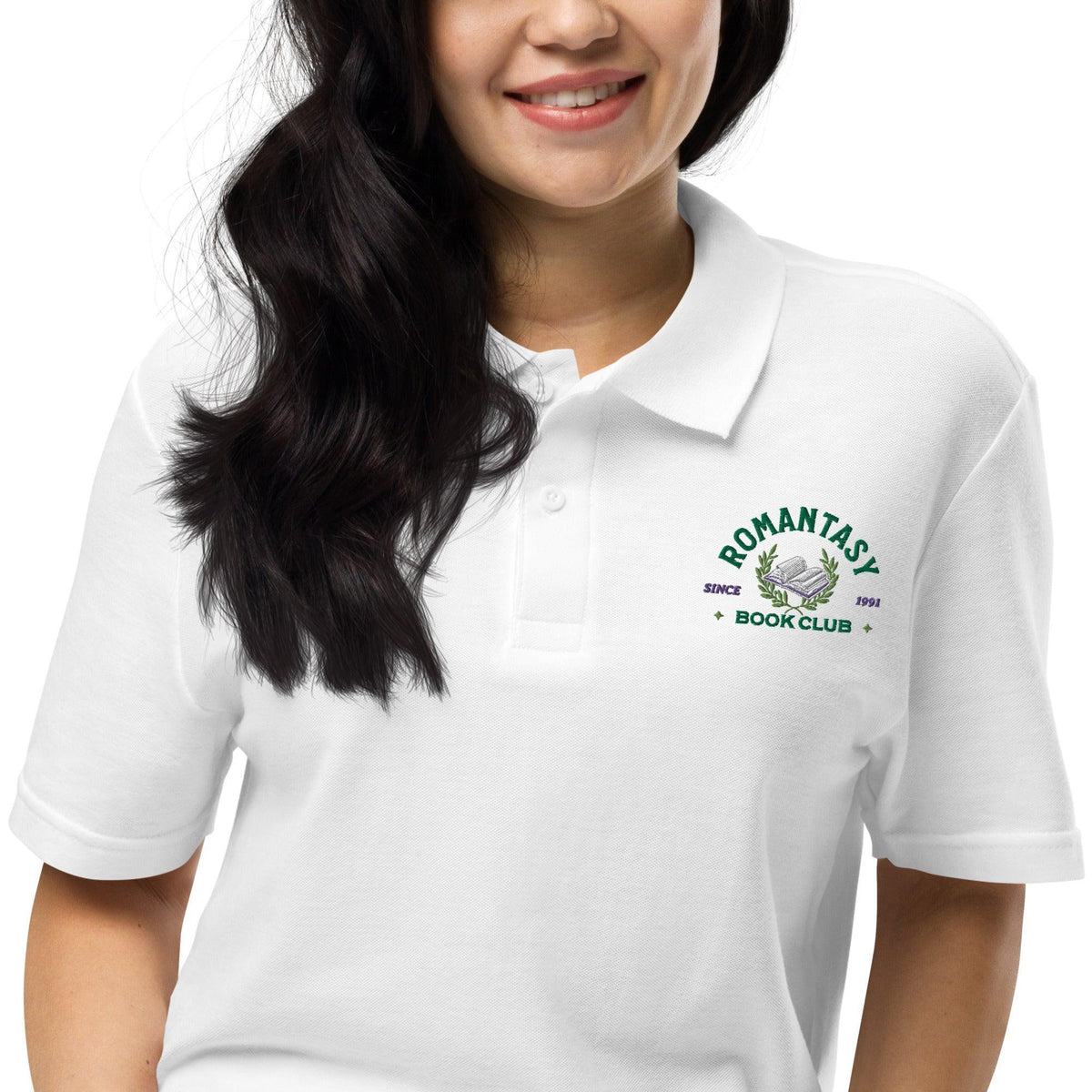 Romantasy Book Club Pique Polo Shirt - The Bean Workshop - book lover, bookish, embroidered, polo shirt, read everyday, retro, vintage