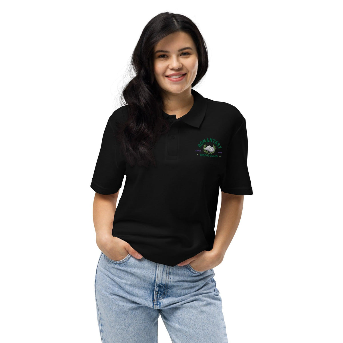 Romantasy Book Club Pique Polo Shirt - The Bean Workshop - book lover, bookish, embroidered, polo shirt, read everyday, retro, vintage