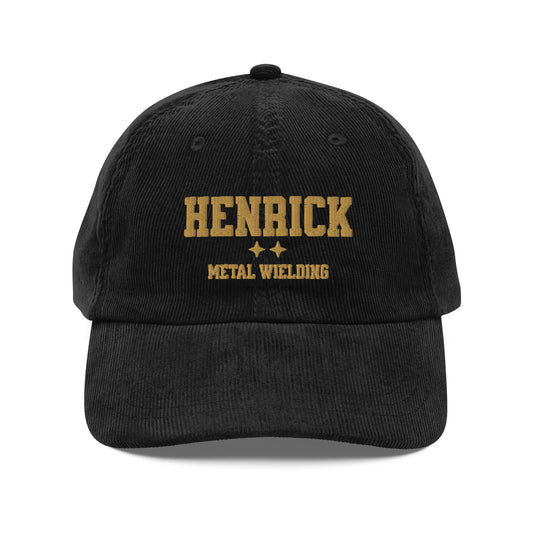 Sawyer Henrick Embroidered Corduroy Cap - The Bean Workshop - Baseball Cap, Basgiath, Black Embroidery, Booktok, Embroidered Bookish Cap, Empyrean Series Merch, Fourth Wing Hat, Gift for Fan, Henrick Metal Wielding Cap, Iron Flame, Romantasy, Signet Power, Subtle Merch