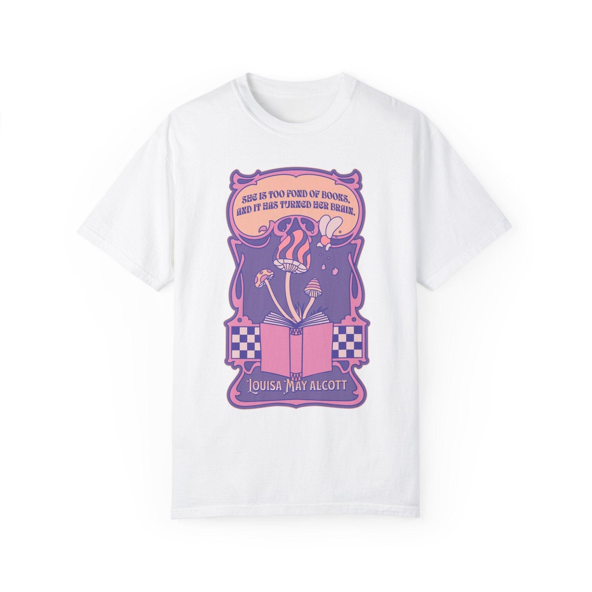 She Is Too Fond of Books, and It Has Turned Her Brain Tee Shirt - The Bean Workshop - box tee, louisa may alcott