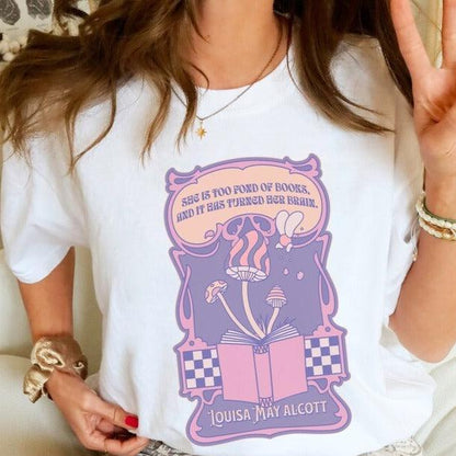 She Is Too Fond of Books, and It Has Turned Her Brain Tee Shirt - The Bean Workshop - box tee, louisa may alcott