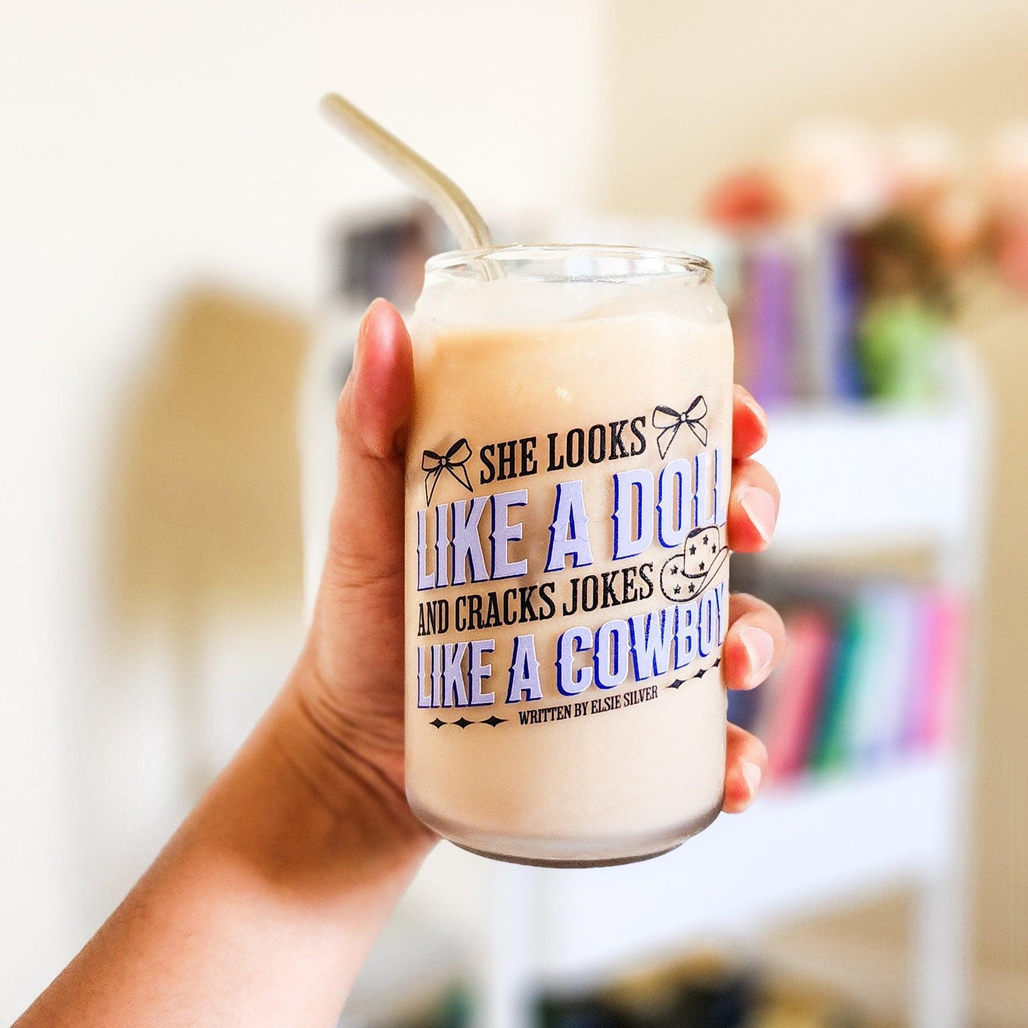 She Looks Like a Doll and Cracks Jokes Like a Cowboy Can Shaped Glass Mug - The Bean Workshop - cade eaton, chestnut springs, elsie silver, glass can, glass mug, heartless, mug