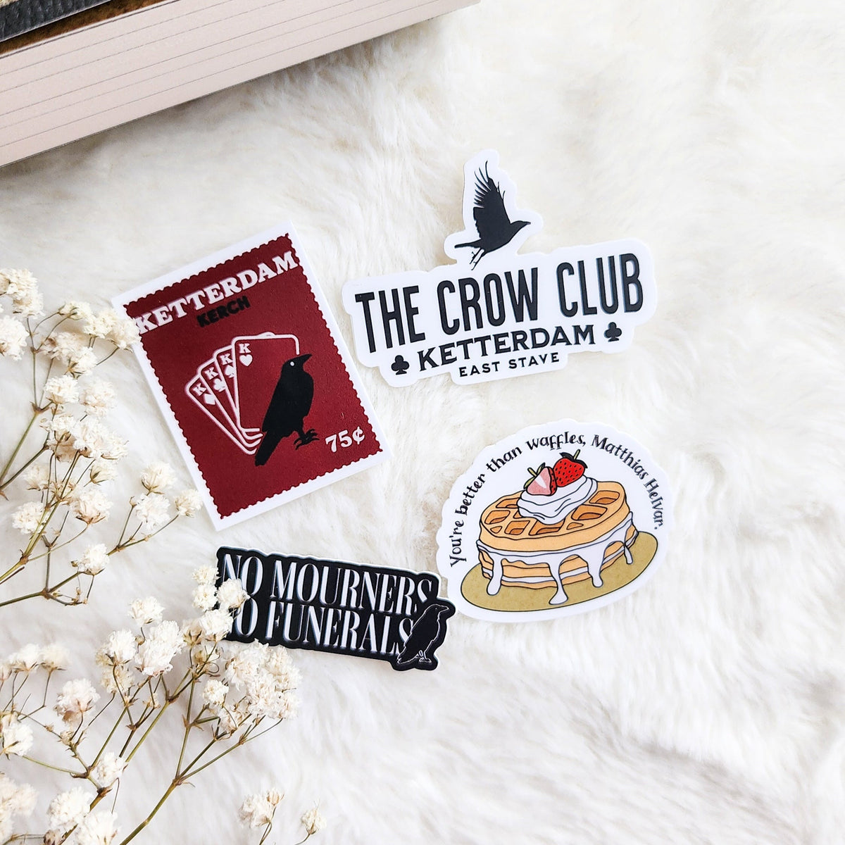 Six of Crows Stickers Bundle of 4 - The Bean Workshop - book lover gift, Bookish Gift, bookish sticker, Crooked Kingdom, die cut sticker, fantasy sticker, Grishaverse, Inej Ghafa, Kaz Brekker, leigh bardugo, six of crows, Six of Crows merch, sticker, sticker bundle