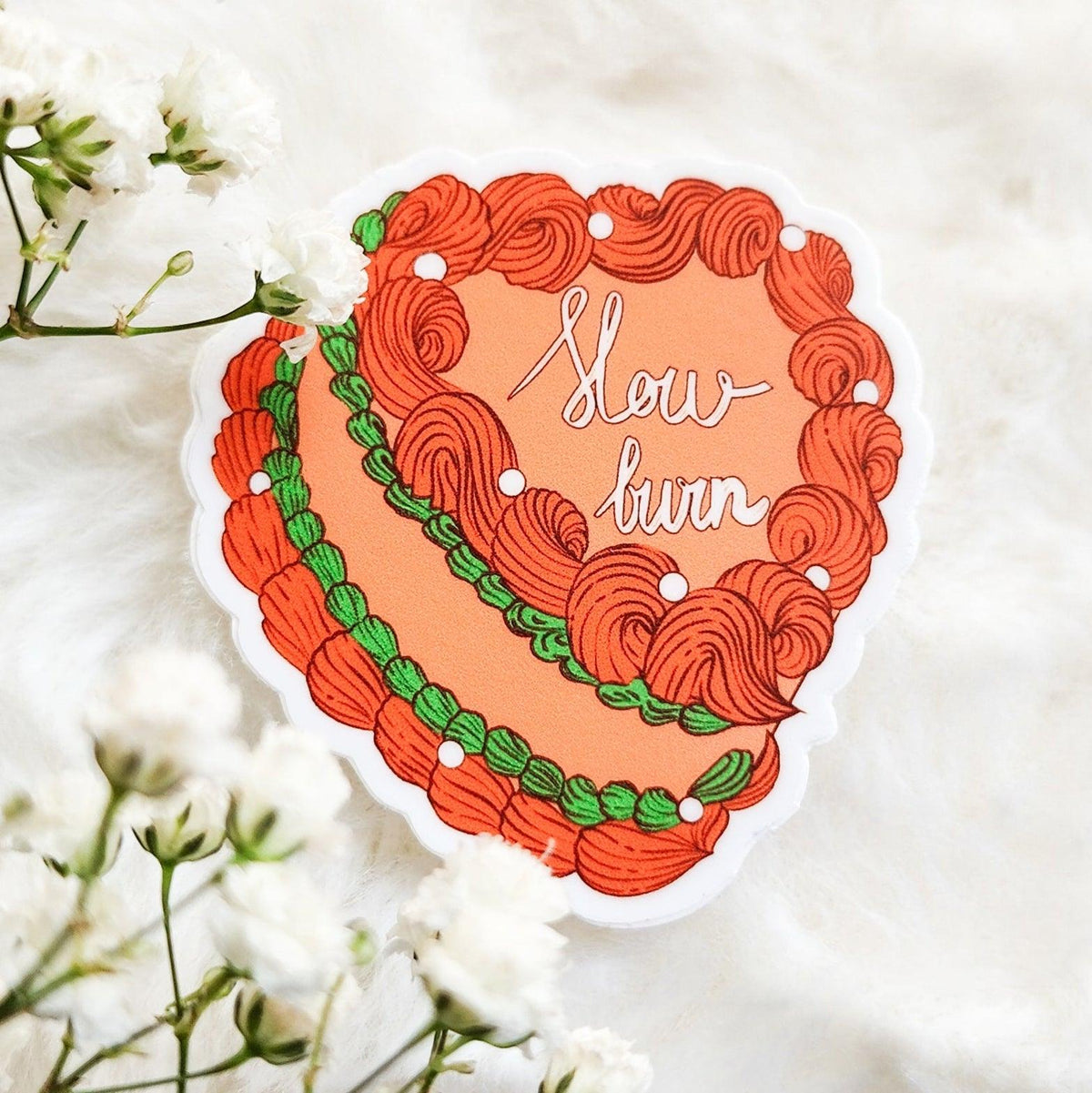 Slow Burn Book Trope Retro Cake Sticker - The Bean Workshop - book lover gift, book trope, book trope sticker, Bookish Accessories, Bookish Gift, bookish sticker, die cut sticker, kindle sticker, reading sticker, retro cake sticker, romance reader, slow burn, sticker