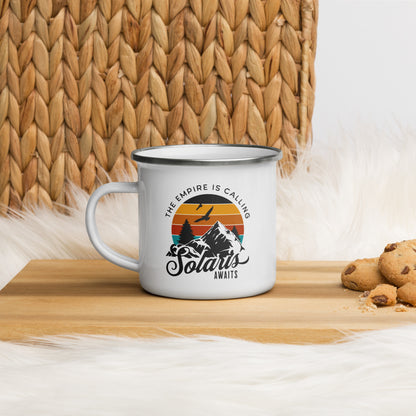 Solaris Awaits Emanel Mug - The Bean Workshop - Air Awakens, Bookish Accessories, Elise Kova, Elise Kova Merch, Enamel Mug, Mug, Vhalla Yarl Solaris