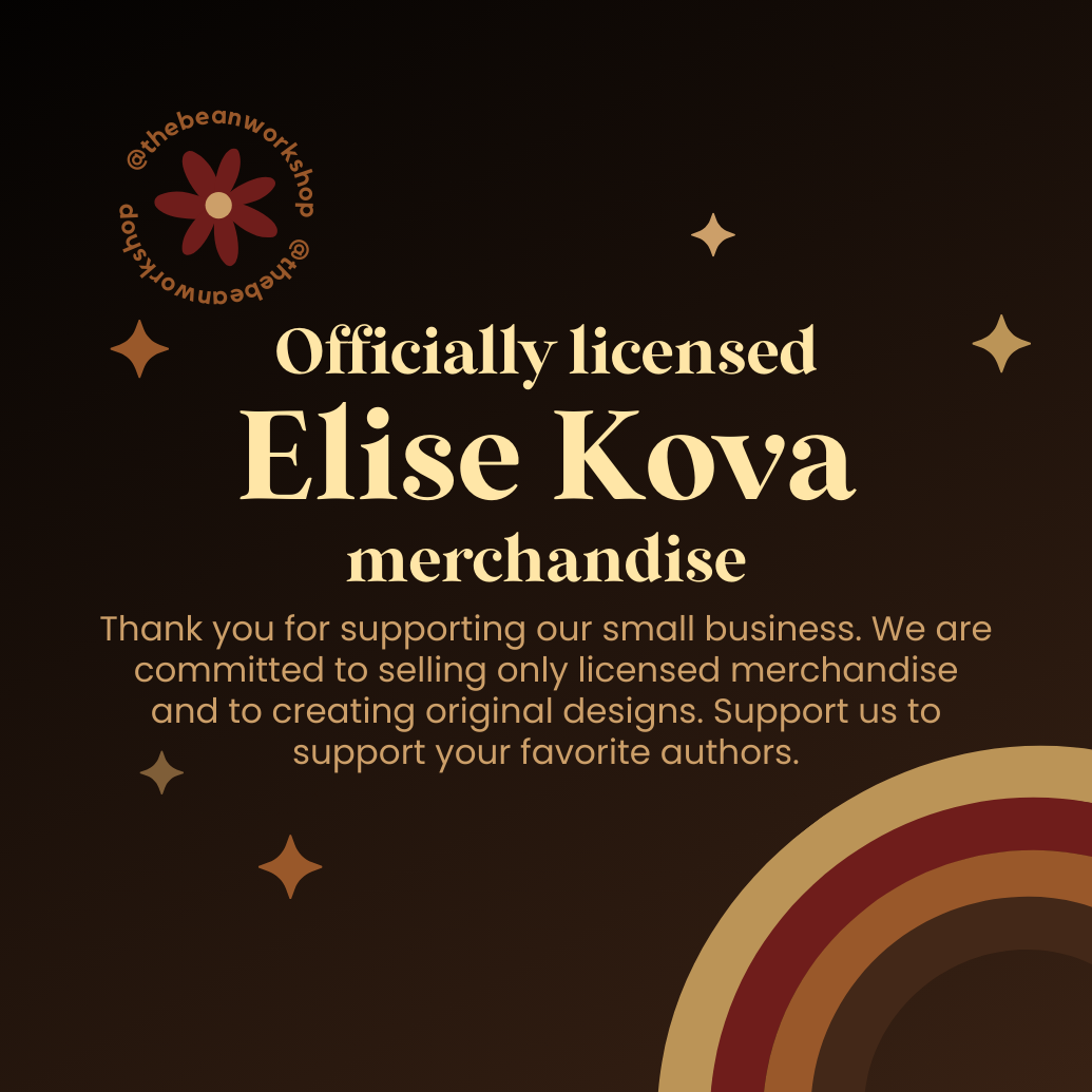 Officially licensed Elise Kova merchandise sign with rainbow and star graphics on dark background.
