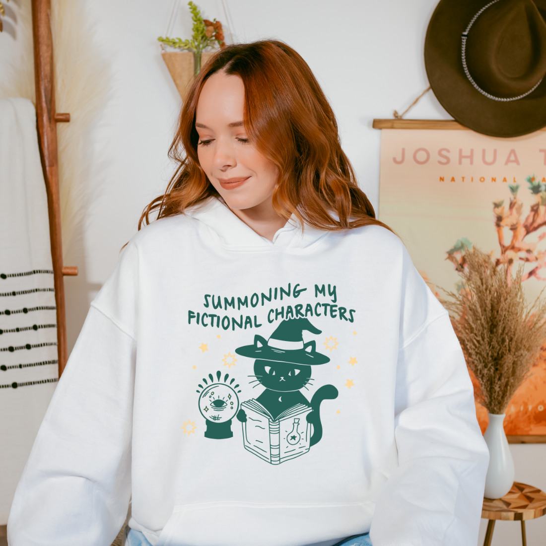 Summoning My Fictional Characters Hoodie - The Bean Workshop - black cat, Halloween, hoodie, witch hat