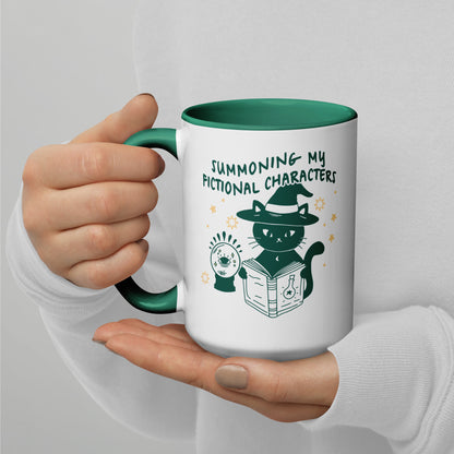 Summoning My Fictional Characters Mug - The Bean Workshop - black cat mug, book lover mug, ceramic mug, coffee mug for readers, fantasy reader coffee cup, Halloween mug, literary gift, mug, reading mug, spooky season drinkware, Summoning Fictional Characters mug, tea cup book lover, unique bookish gift, witch cat mug, witchy mug