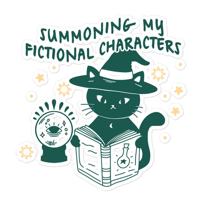 Summoning My Fictional Characters Sticker - The Bean Workshop - black cat, book lover sticker, bookish merch, crystal ball, fantasy reader gift, Halloween sticker, laptop sticker, literary sticker, reading aesthetic, spooky season, Summoning Fictional Characters sticker, unique gift for readers, vinyl sticker, witch cat sticker, witchy decor