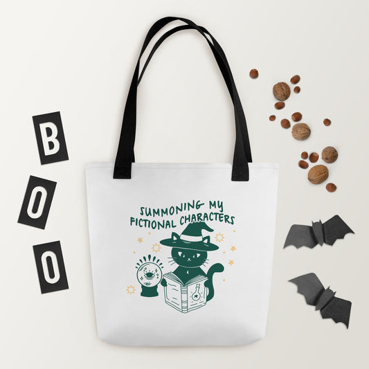 Summoning My Fictional Characters Tote Bag - The Bean Workshop - black cat bag, book lover tote, bookstore bag, canvas tote, fantasy reader bag, Halloween tote bag, library tote, literary tote, reading bag, reusable shopping bag, spooky season accessory, Summoning Fictional Characters tote, unique gift for readers, witch cat tote, witchy tote