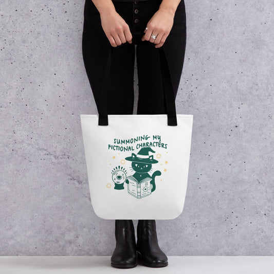 Summoning My Fictional Characters Tote Bag - The Bean Workshop - black cat bag, book lover tote, bookstore bag, canvas tote, fantasy reader bag, Halloween tote bag, library tote, literary tote, reading bag, reusable shopping bag, spooky season accessory, Summoning Fictional Characters tote, unique gift for readers, witch cat tote, witchy tote