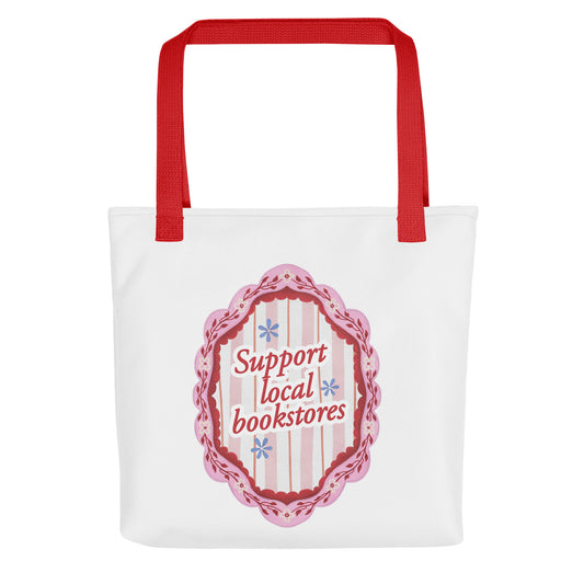 Support Local Bookstores Tote Bag - The Bean Workshop - Bookaholics, Bookish Merch, Bookworm Essentials, Cottagecore, Eco-friendly Book Lover Bag, Indie Bookstore Support, Literary Accessory, Pink Aesthetic, Reader Gift, Support Local Bookstores Tote Bag, Sustainable Shopping, Tote Bag, Vintage Floral Canvas Tote