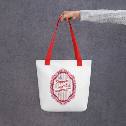 Support Local Bookstores Tote Bag - The Bean Workshop - Bookaholics, Bookish Merch, Bookworm Essentials, Cottagecore, Eco-friendly Book Lover Bag, Indie Bookstore Support, Literary Accessory, Pink Aesthetic, Reader Gift, Support Local Bookstores Tote Bag, Sustainable Shopping, Tote Bag, Vintage Floral Canvas Tote
