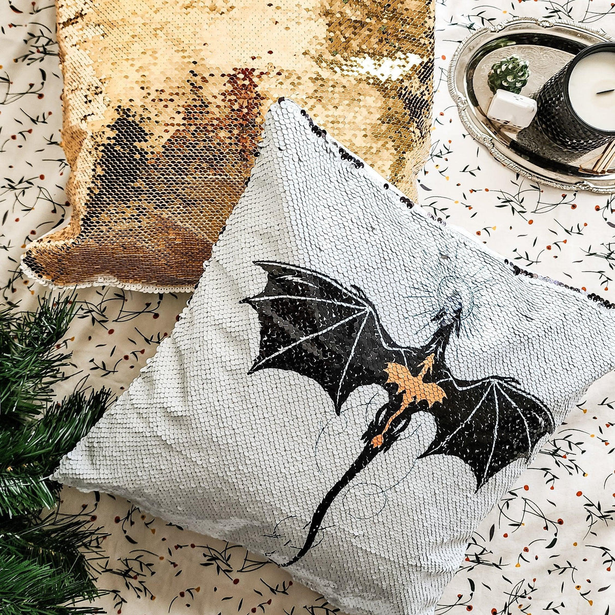 Tairn and Andarna Dragon Scale Sequin Reversible Pillow Case - The Bean Workshop - fourth wing, pillow case, pillows, rebecca yarros