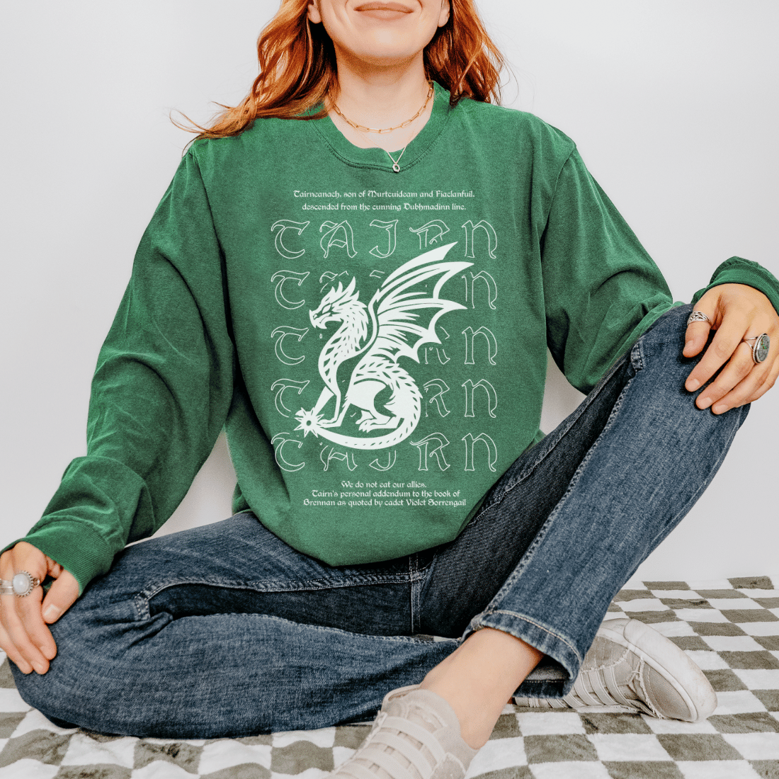 Tairneanach We Don't Eat Our Allies Heavyweight Long Sleeve Shirt - The Bean Workshop - fourth wing, iron flame, long sleeve shirt, onyx storm, rebecca yarros, tairn