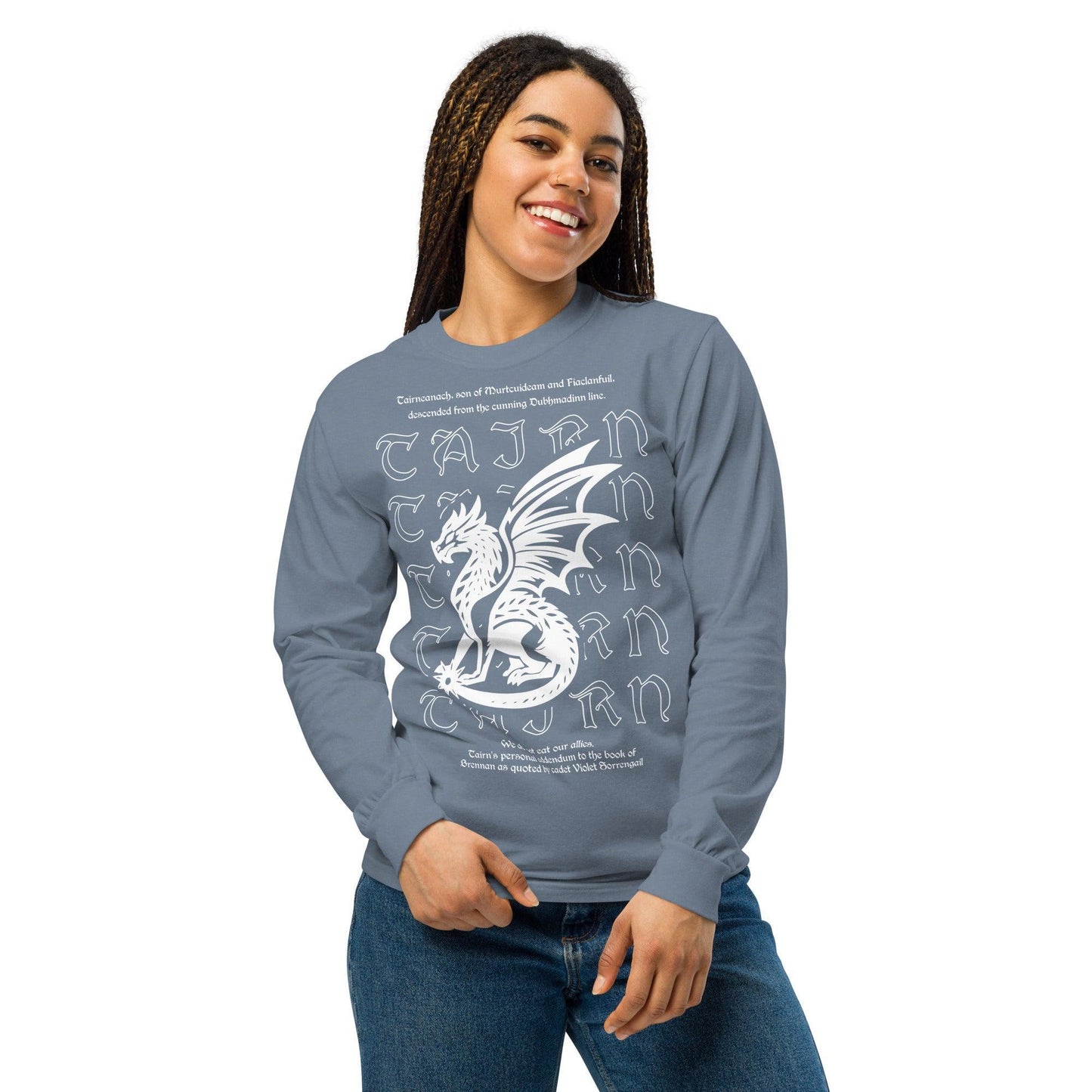 Tairneanach We Don't Eat Our Allies Heavyweight Long Sleeve Shirt - The Bean Workshop - fourth wing, iron flame, long sleeve shirt, onyx storm, rebecca yarros, tairn