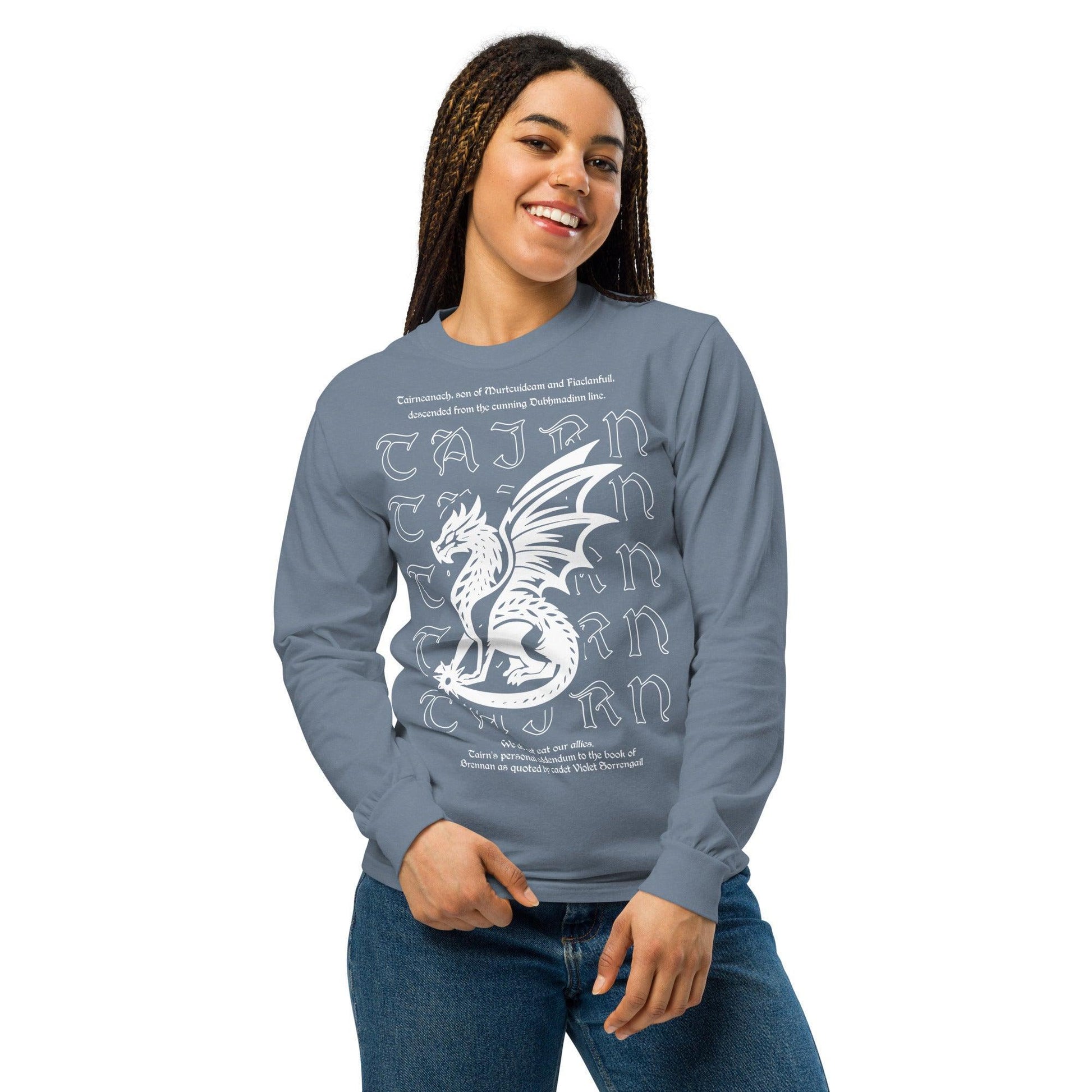 Tairneanach We Don't Eat Our Allies Heavyweight Long Sleeve Shirt - The Bean Workshop - fourth wing, iron flame, long sleeve shirt, onyx storm, rebecca yarros, tairn