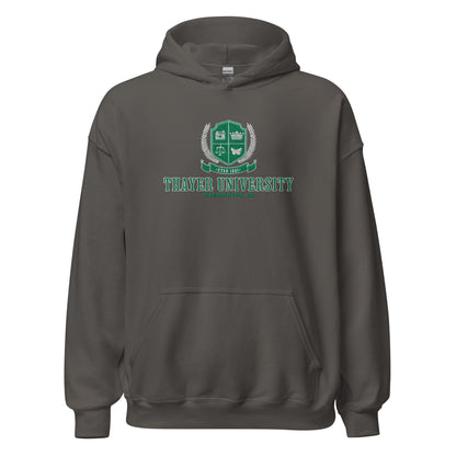 Thayer University Embroidered Hoodie - The Bean Workshop - Ana Huang, bookish fashion, embroidered, embroidered apparel, embroidered hoodie, hoodie, Reader Apparel, Thayer University, Twisted, Twisted ladies