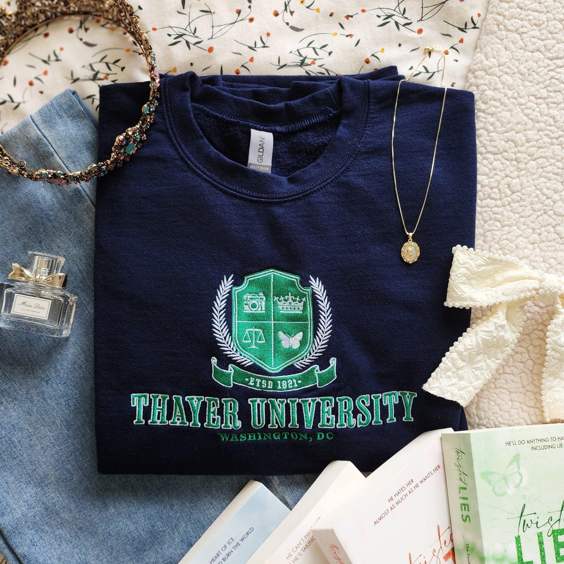Thayer University Embroidered Sweatshirt - The Bean Workshop - ana huang, embroidered, sweatshirt, twisted