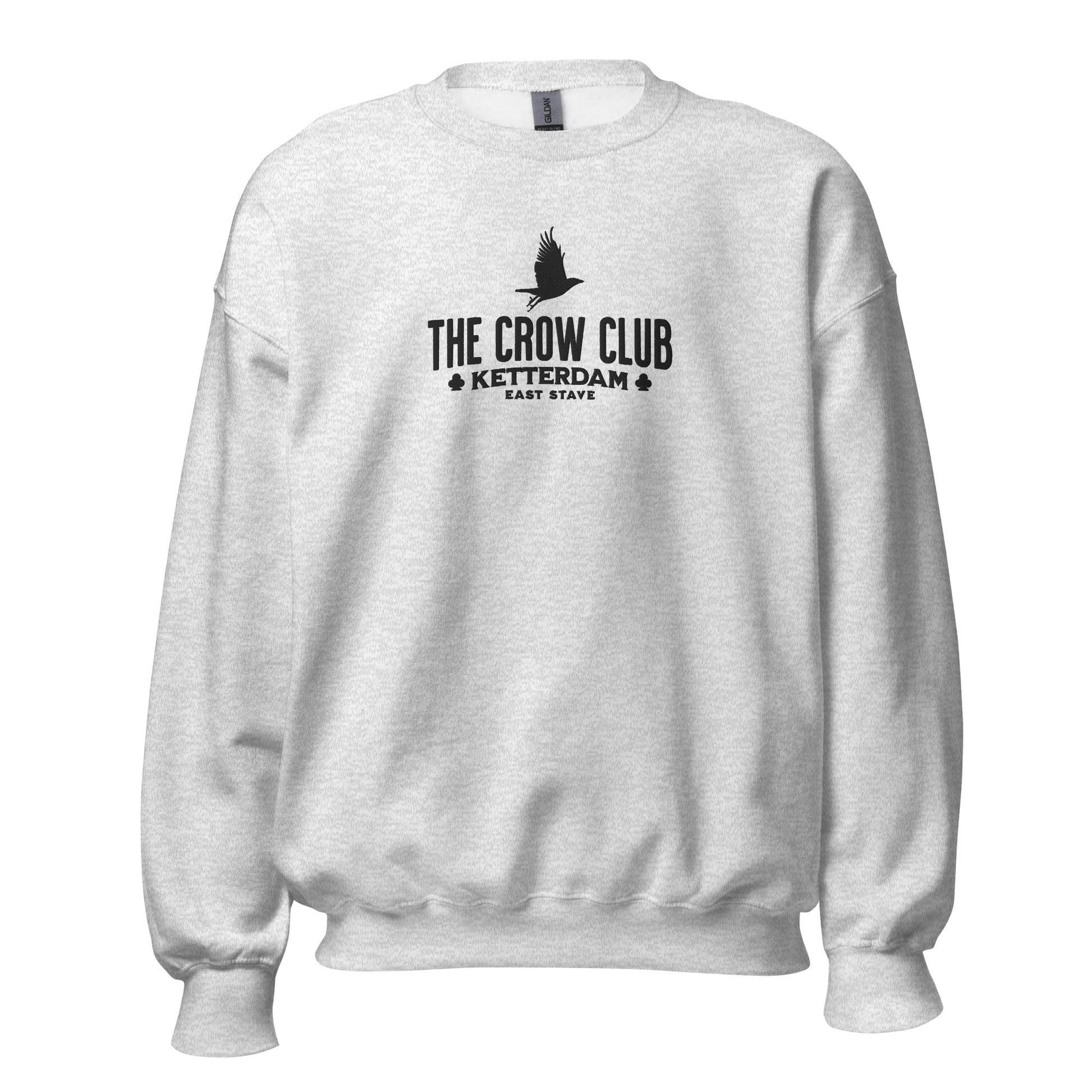 The Crow Club Embroidered Sweatshirt - The Bean Workshop - Book Lover Gift, Bookish Sweatshirt, Cozy Aesthetic, East Stave, Fantasy Book Merch, Grishaverse fan gift, Kaz Brekker, Ketterdam merch for readers, Leigh Bardugo bookish apparel, Literary Logo, Six of Crows cozy sweater, The Crow Club sweatshirt, The Dregs