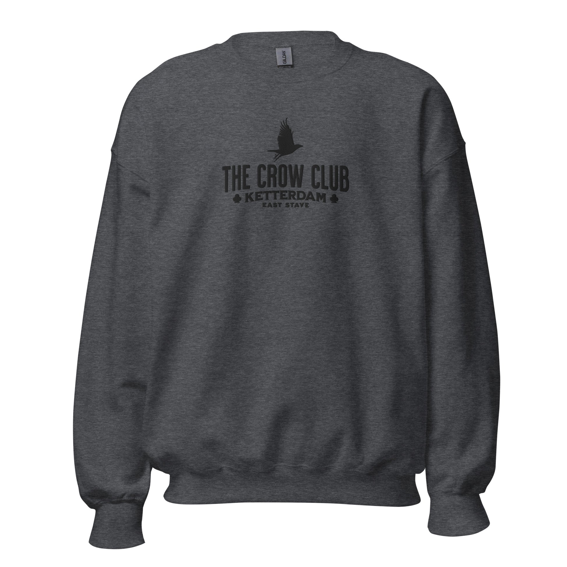 The Crow Club Embroidered Sweatshirt - The Bean Workshop - Book Lover Gift, Bookish Sweatshirt, Cozy Aesthetic, East Stave, Fantasy Book Merch, Grishaverse fan gift, Kaz Brekker, Ketterdam merch for readers, Leigh Bardugo bookish apparel, Literary Logo, Six of Crows cozy sweater, The Crow Club sweatshirt, The Dregs