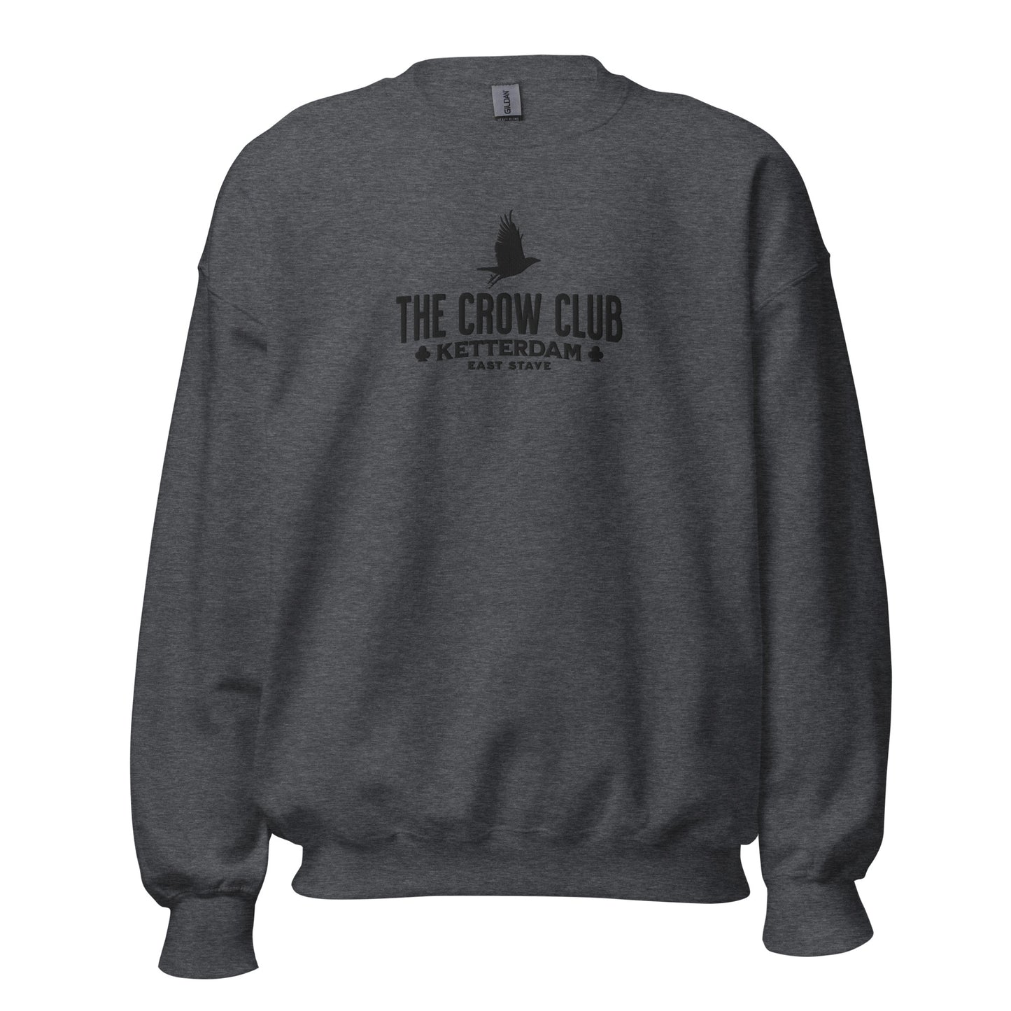 The Crow Club Embroidered Sweatshirt - The Bean Workshop - Book Lover Gift, Bookish Sweatshirt, Cozy Aesthetic, East Stave, Fantasy Book Merch, Grishaverse fan gift, Kaz Brekker, Ketterdam merch for readers, Leigh Bardugo bookish apparel, Literary Logo, Six of Crows cozy sweater, The Crow Club sweatshirt, The Dregs
