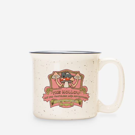 The Hollow Ceramic Camp Mug Speckled Cream 13oz - The Bean Workshop - camping cup for readers, Mushroom illustration, Only One Bed trope merch, ouabh, outdoor drinkware, stephanie garber, Stephanie Garber merch, Stephanie Garber Once Upon a Broken Heart, Vintage Inn design, Whimsical
