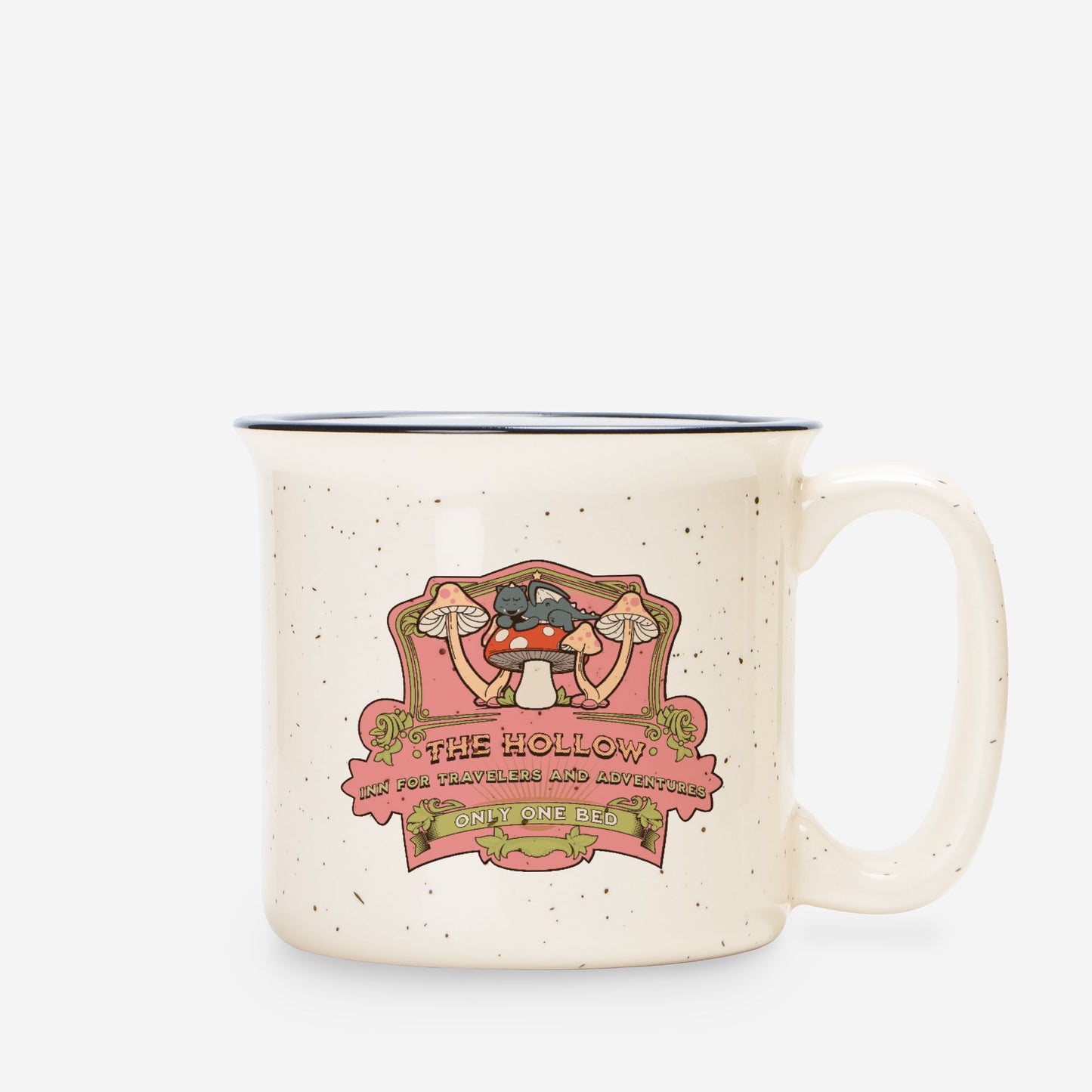 Speckled cream ceramic camp mug with whimsical mushroom and cat illustration, vintage text.