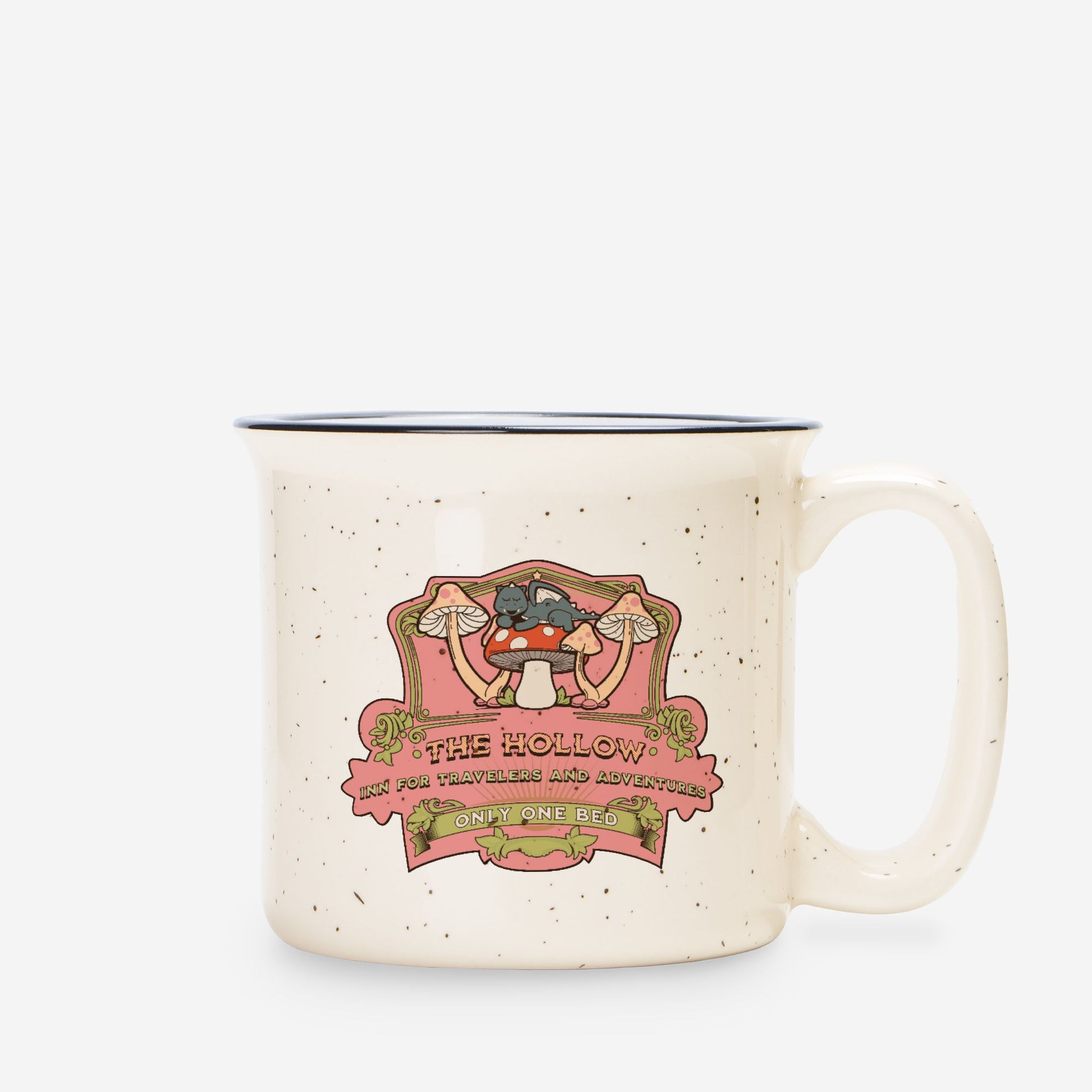 Speckled cream ceramic camp mug with whimsical mushroom and cat illustration, vintage text.