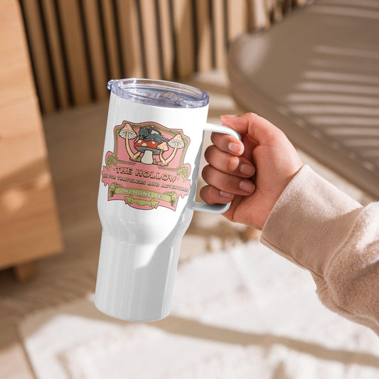 The Hollow Travel Mug - The Bean Workshop - Commuting accessory, insulated tumbler, Jacks and Evangeline, Little Fox, Only One Bed trope, ouabh, Pink design, portable coffee cup, stephanie garber, The Ballad of Never After, Travel Mug, tumbler, Whimsical dragon