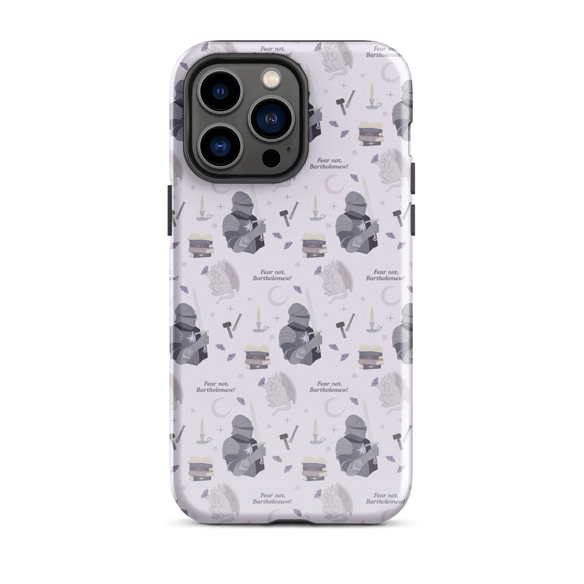 The Knight and The Moth Tough Case for iPhone® - The Bean Workshop - Bookish Phone Case for Fantasy Readers, Cute Bookish Tech Accessory, Fandom Phone Protection, Fantasy Fan Gift, Gift for Book Lovers, Knight and Bartholomew All-Over Print, Lavender Purple Pattern, Rachel Gillig, Reader Phone Case, Shepherd King iPhone Tough Case Fan Merch, The Knight and the Moth, Tough iPhone Case, Whimsical Fantasy Aesthetic