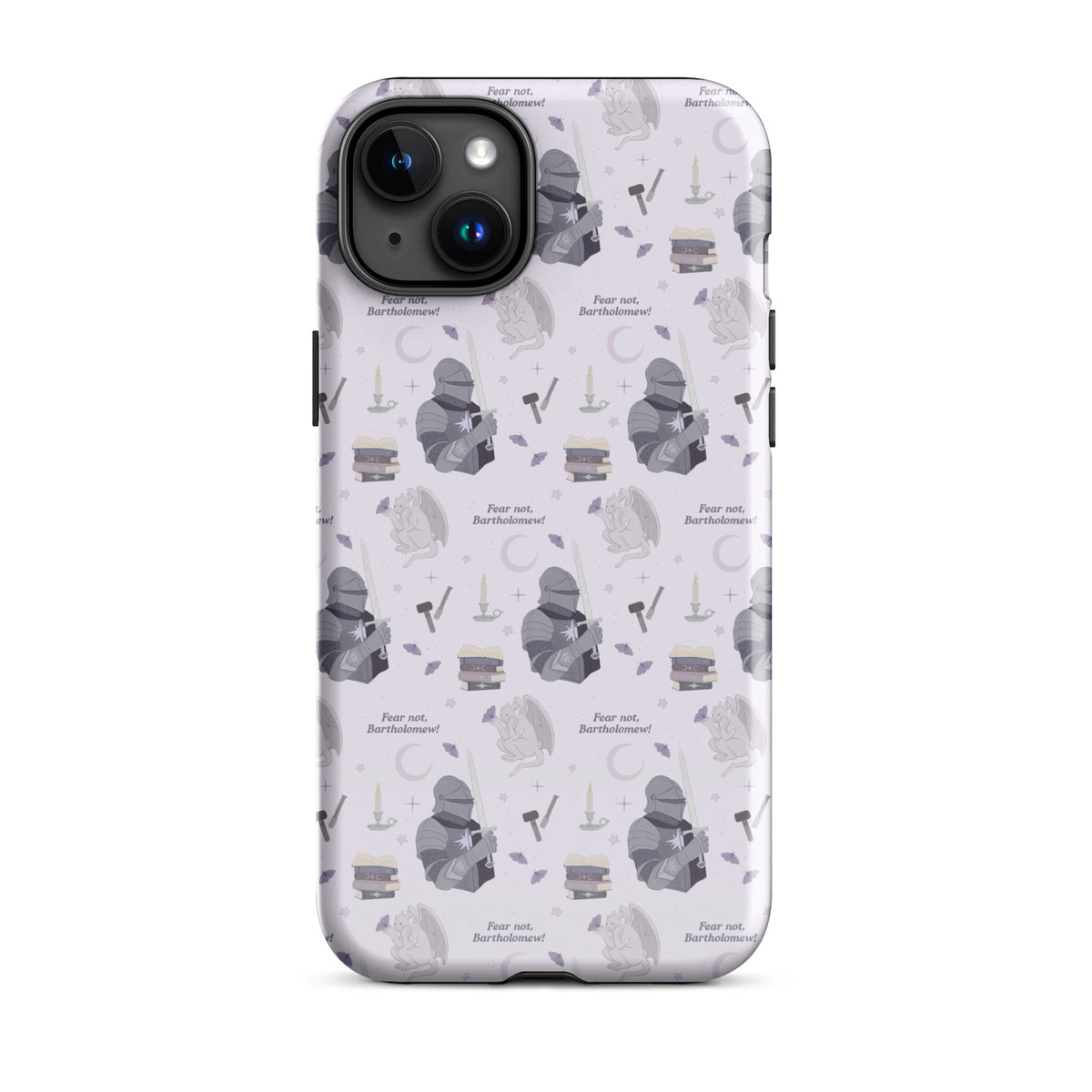 The Knight and The Moth Tough Case for iPhone® - The Bean Workshop - Bookish Phone Case for Fantasy Readers, Cute Bookish Tech Accessory, Fandom Phone Protection, Fantasy Fan Gift, Gift for Book Lovers, Knight and Bartholomew All-Over Print, Lavender Purple Pattern, Rachel Gillig, Reader Phone Case, Shepherd King iPhone Tough Case Fan Merch, The Knight and the Moth, Tough iPhone Case, Whimsical Fantasy Aesthetic