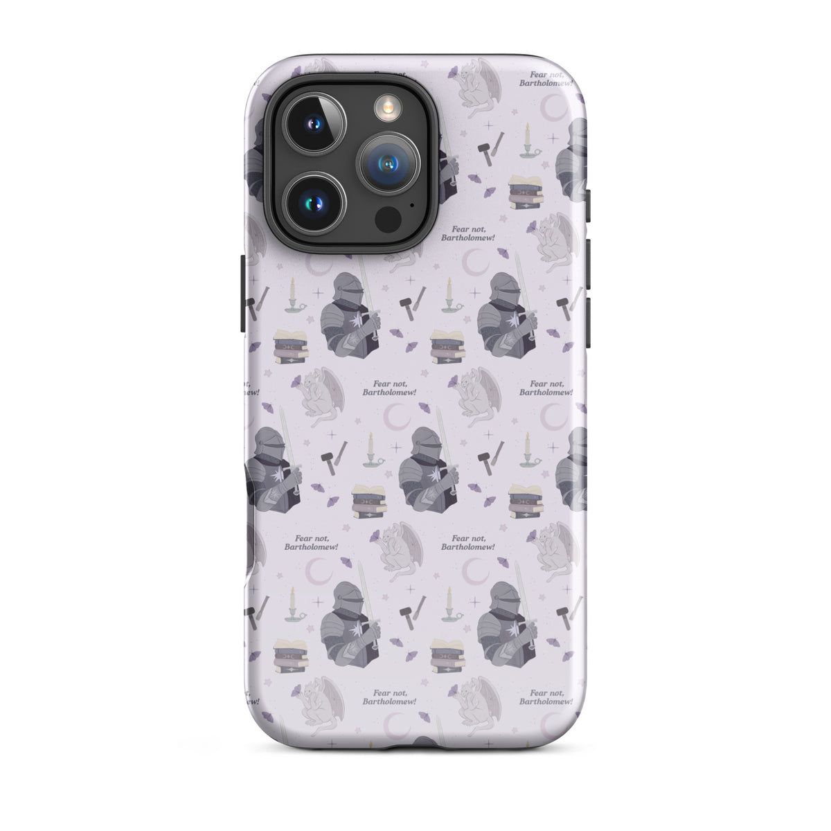 The Knight and The Moth Tough Case for iPhone® - The Bean Workshop - Bookish Phone Case for Fantasy Readers, Cute Bookish Tech Accessory, Fandom Phone Protection, Fantasy Fan Gift, Gift for Book Lovers, Knight and Bartholomew All-Over Print, Lavender Purple Pattern, Rachel Gillig, Reader Phone Case, Shepherd King iPhone Tough Case Fan Merch, The Knight and the Moth, Tough iPhone Case, Whimsical Fantasy Aesthetic